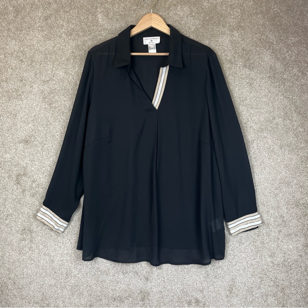 Rick Cardona Shirt Womens 18 Black Long Sleeve Pullover V Neck Polyester- 3891